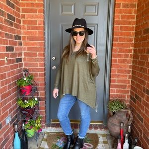 Olive Green Boat Neck Split Side Asymmetrical Long Sleeve Top NWT